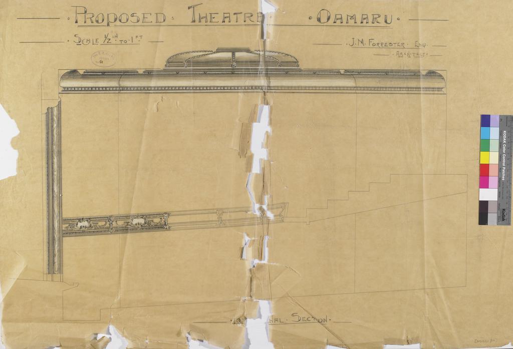 Oamaru Town Hall/Opera House, drawings of ceiling and arch, J.M. Forrester architect . Longitudinal section.