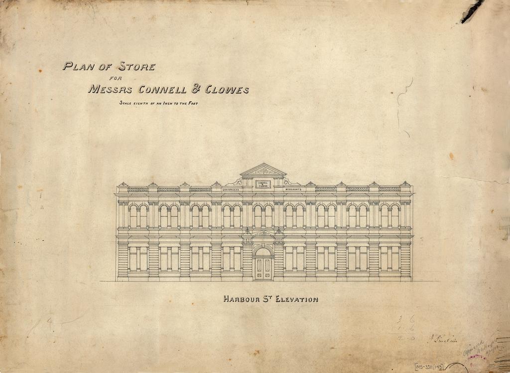 Connell and Clowes, plan for store, Oamaru. Harbour Street elevation.