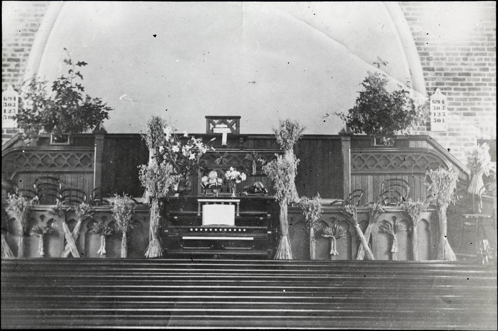 Interior of Mosgiel Presbyterian Church, harvest thanksgiving display