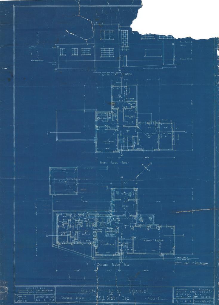 T.K.S. Sidey, plan for residence, Tolcarne Avenue, Maori Hill, Dunedin. Salmond &amp; Salmond architects. Sheet 1.