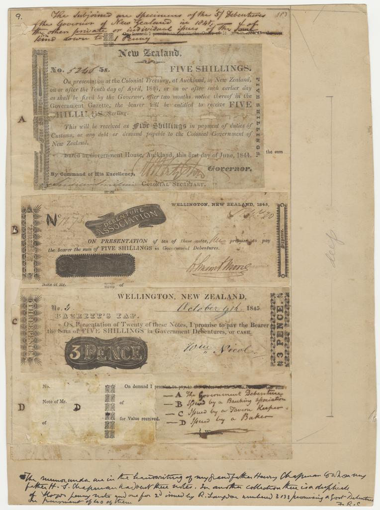 Four promissory notes : 'The subjoined are specimens of the 5/ Debentures of the Governor of N.Z. in 1844, and of other private individuals.'