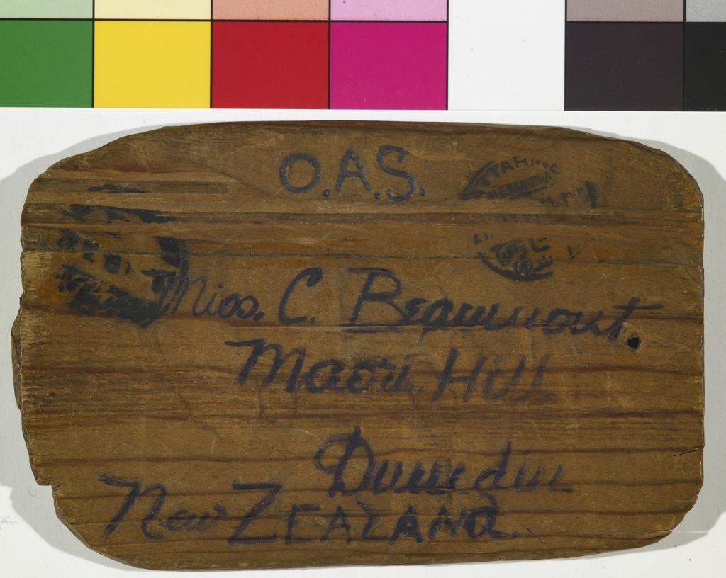 Letter on wood from Llewellyn Beaumont, to his sister Constance Beaumont