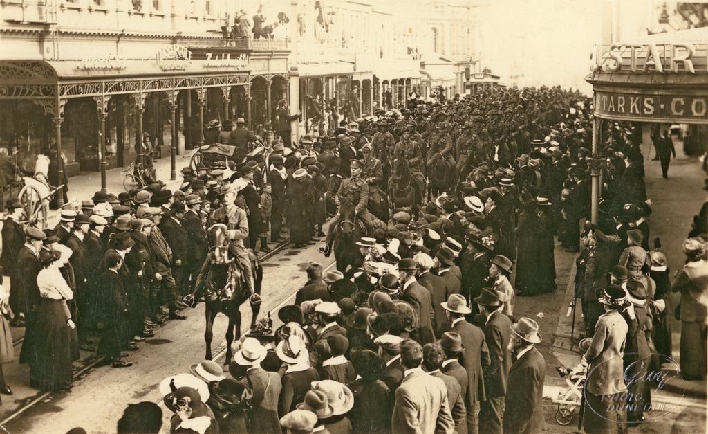Harry Orbell leading the 5th Squad of the Otago Mounted Rifles down Princes Street, Dunedin