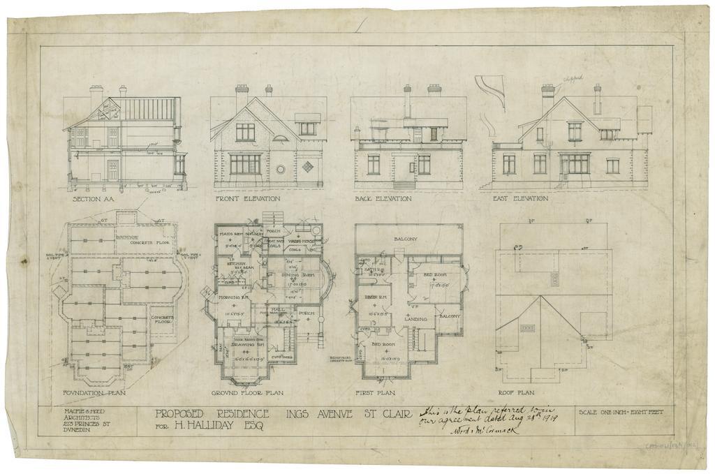 H. Halliday, plans and blueprints of residence, Ings Avenue, St Clair