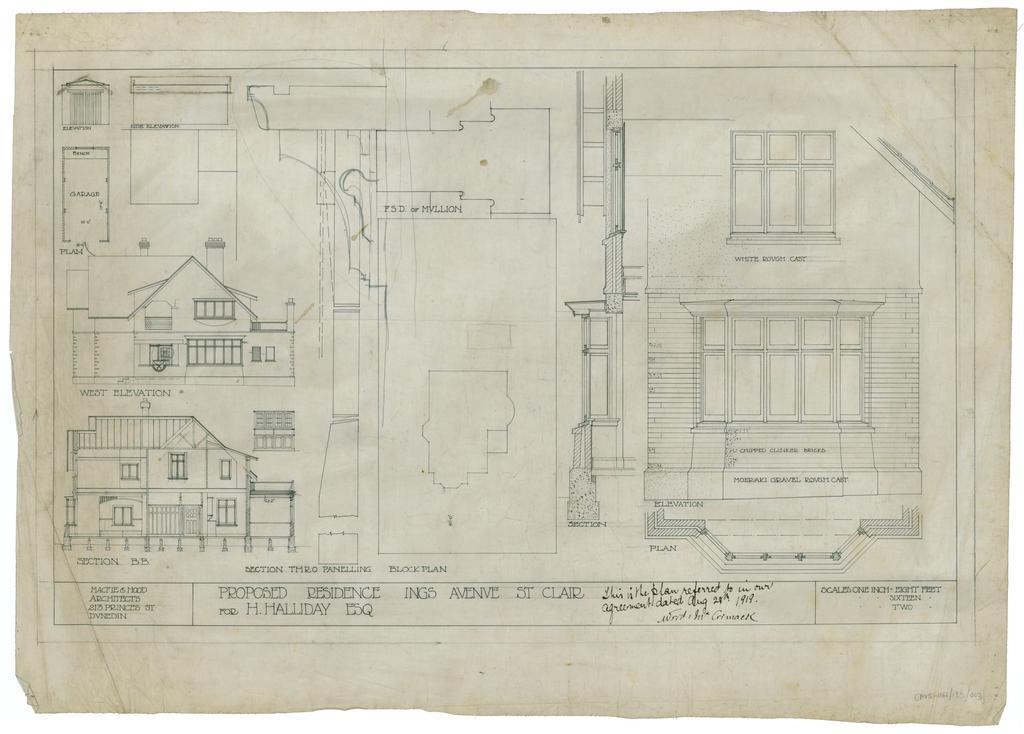 H. Halliday, plans and blueprints of residence, Ings Avenue, St Clair