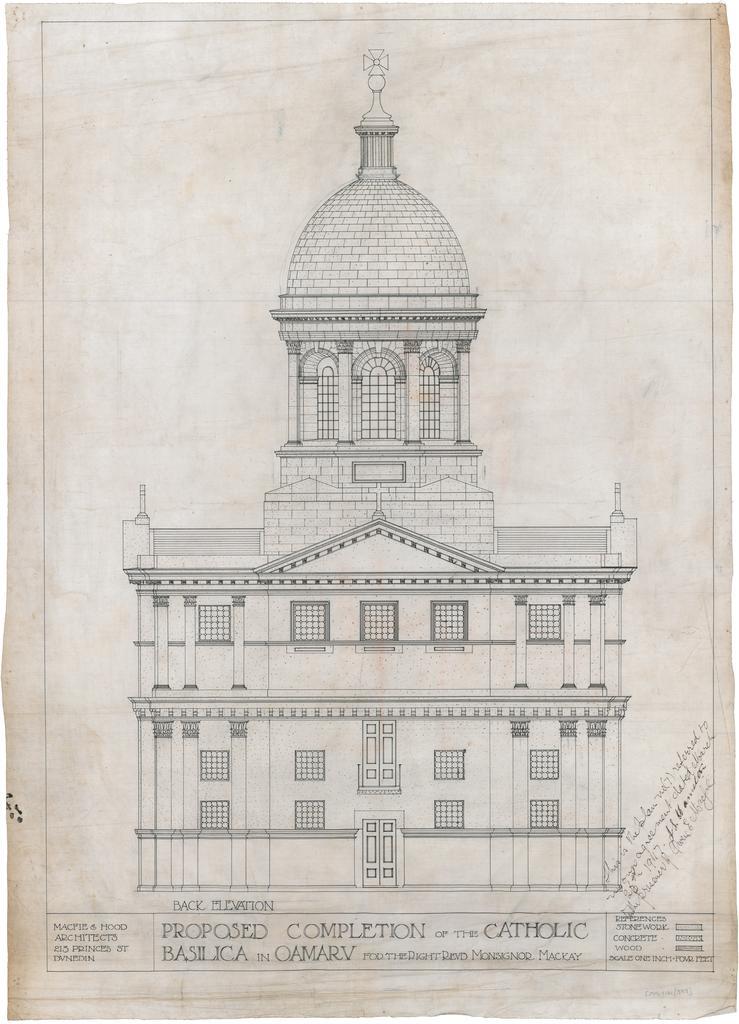 Back elevation plan for completion of the Catholic Basilica, Oamaru