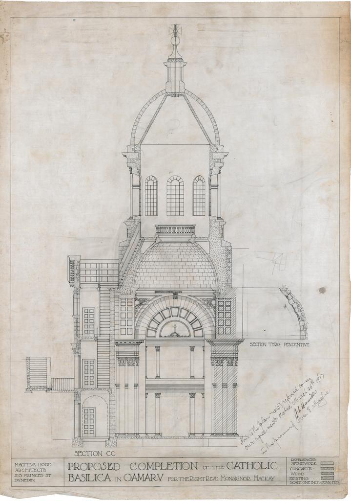 Section CC plan for completion of the Catholic Basilica, Oamaru