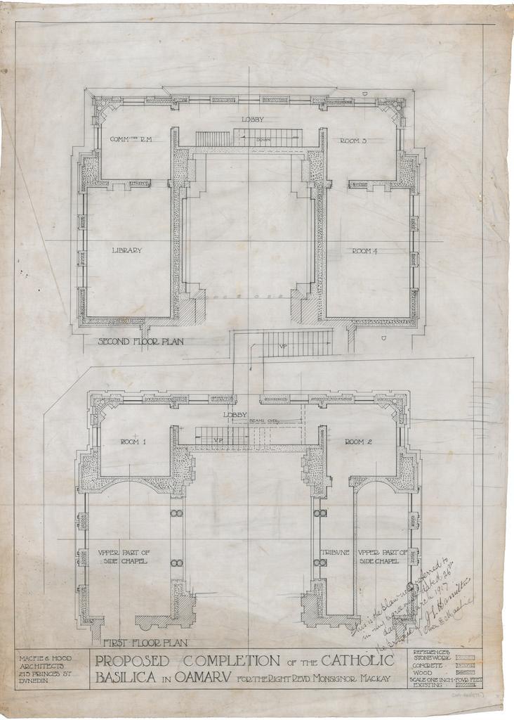 First and second floor plans for completion of the Catholic Basilica, Oamaru