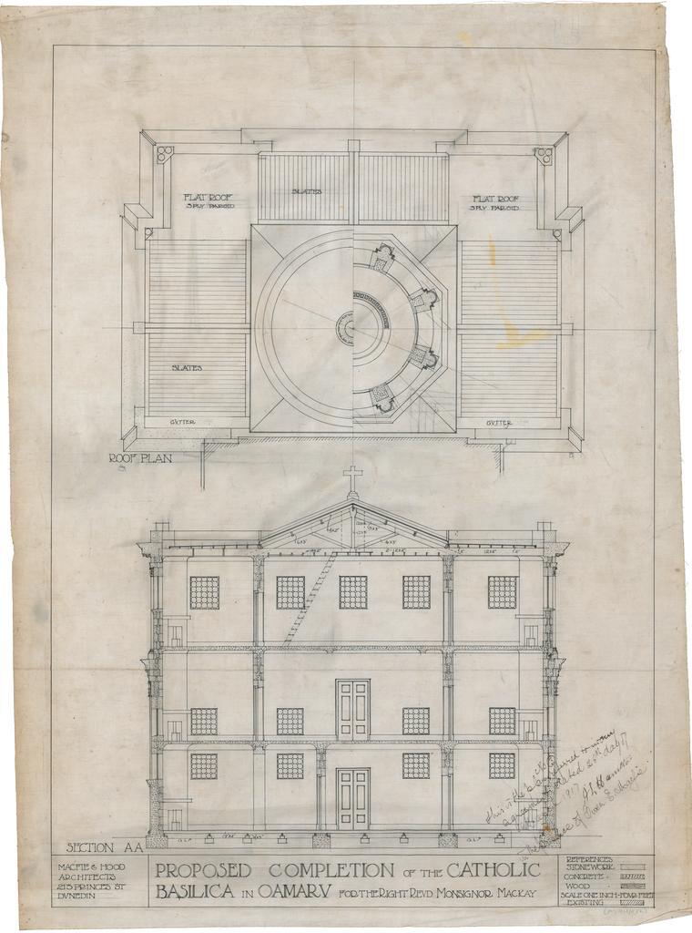 Section AA and roof plan for completion of the Catholic Basilica, Oamaru