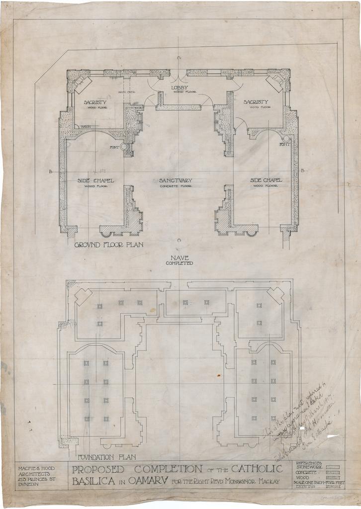 Foundations and ground flloor plan for completion of the Catholic Basilica, Oamaru