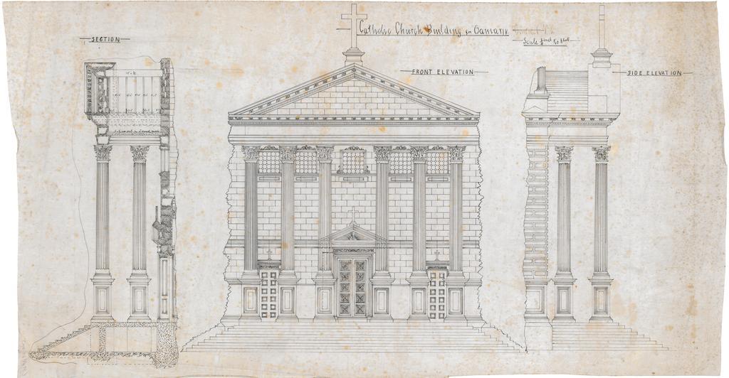 Portico, front elevation plan for Catholic Basilica, Oamaru