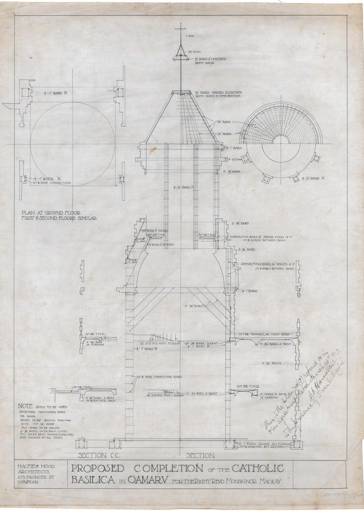 Section CC plan for completion of the Catholic Basilica, Oamaru