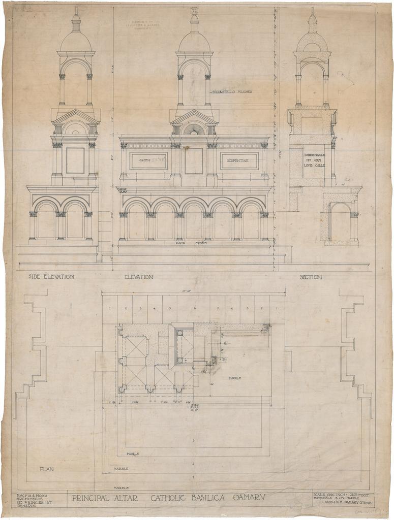 Principal altar plan for Catholic Basilica, Oamaru