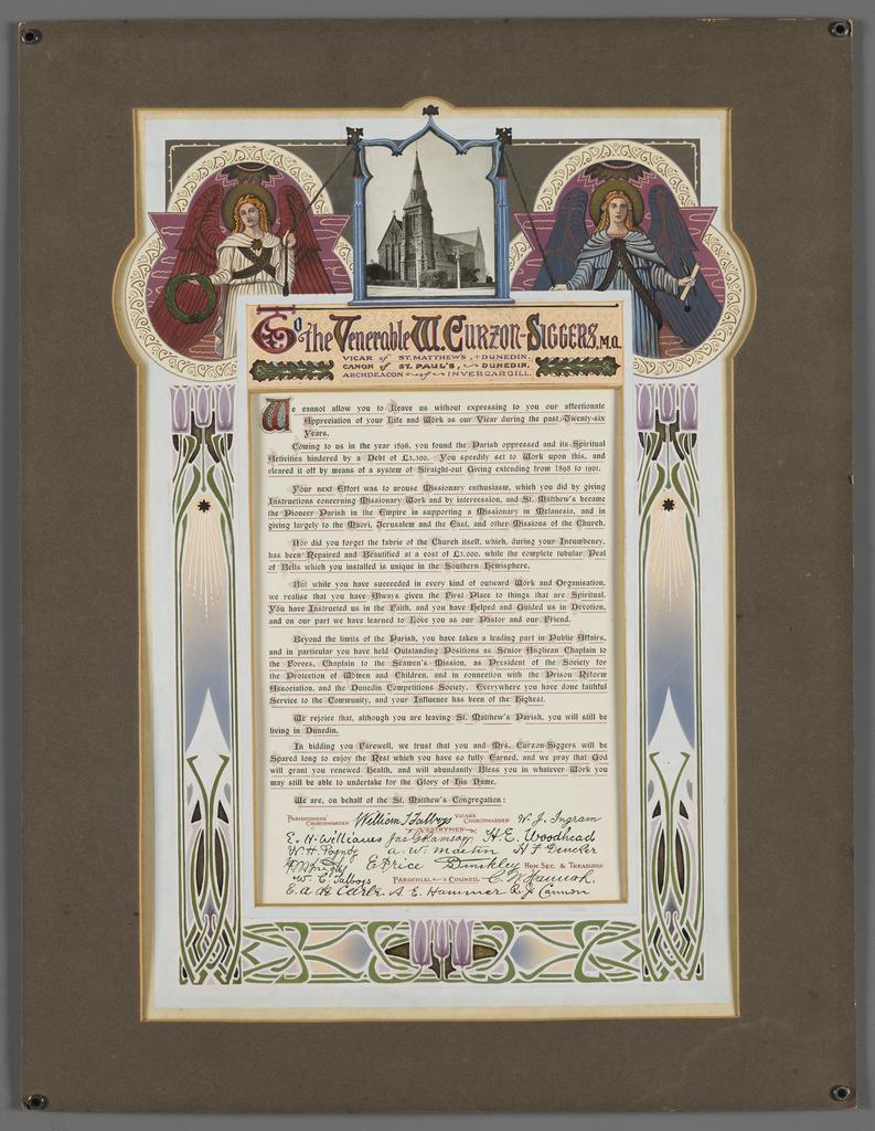 Presentation certificate for W. Curzon-Siggers, from the congregation of St Matthew's Church, Dunedin