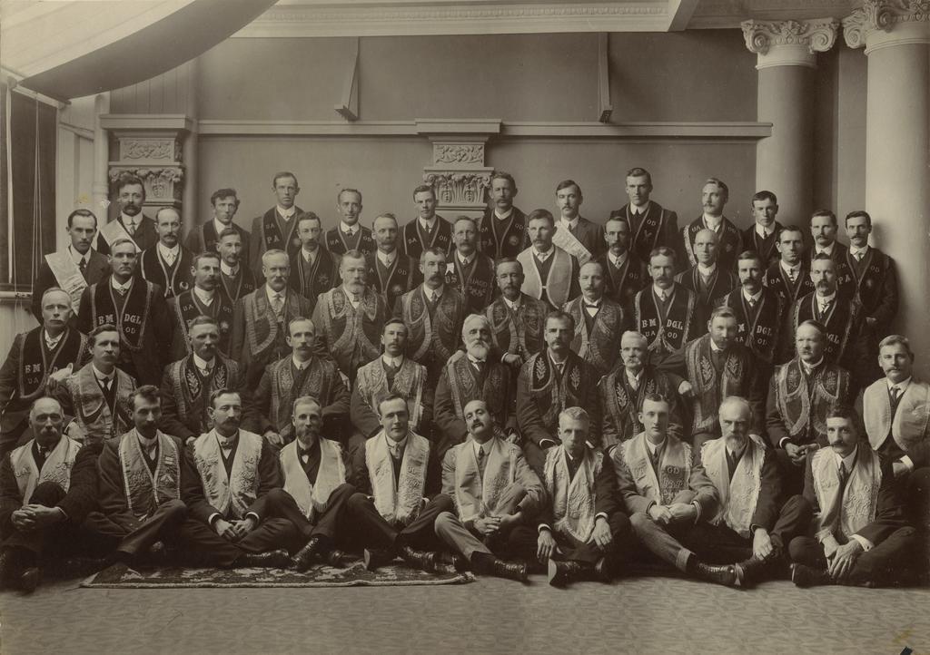Large group of men wearing United Ancient Order of Druids regalia