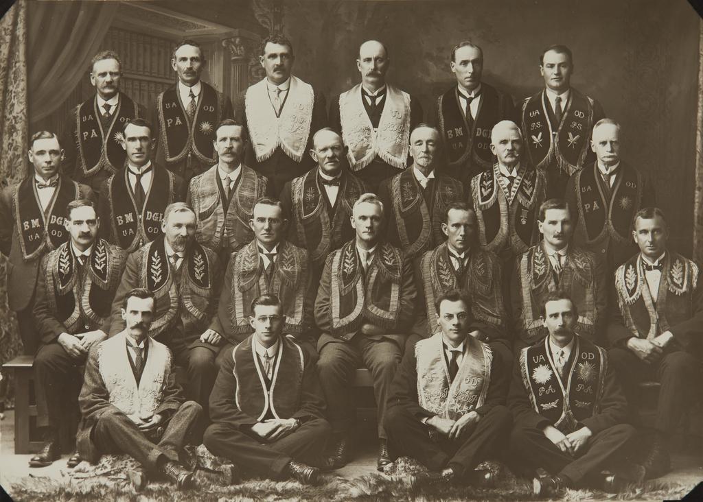 Large group of men wearing United Ancient Order of Druids regalia