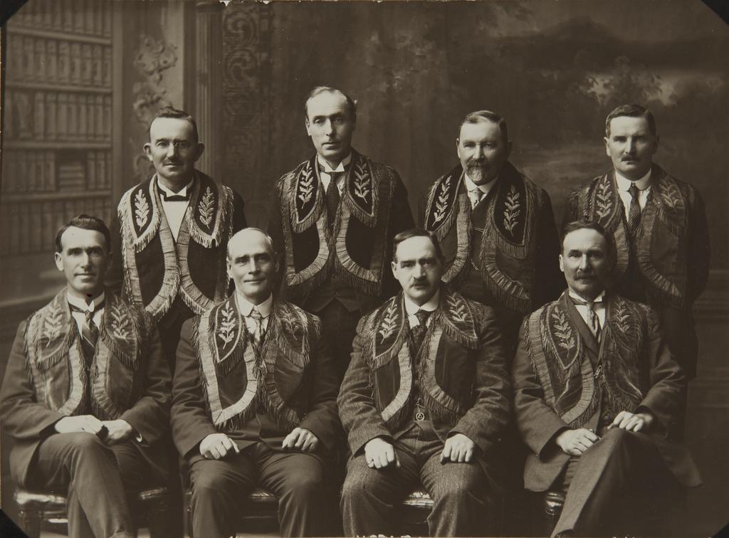 Group of eight men wearing United Ancient Order of Druids regalia