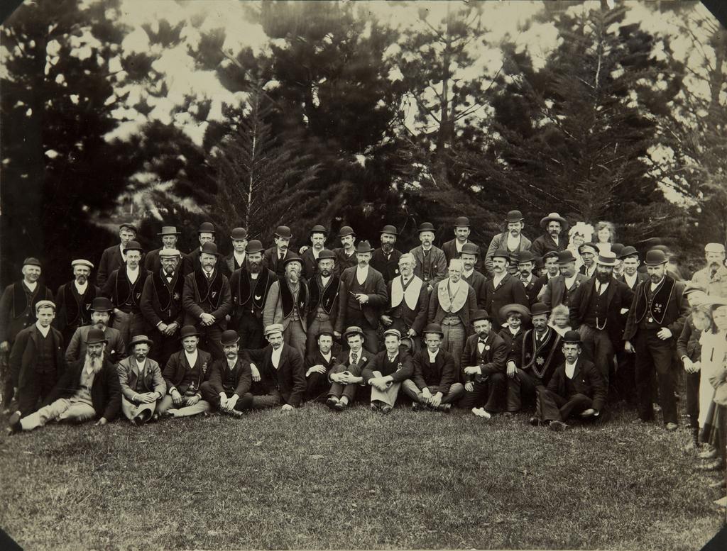 Large group of men wearing United Ancient Order of Druids regalia