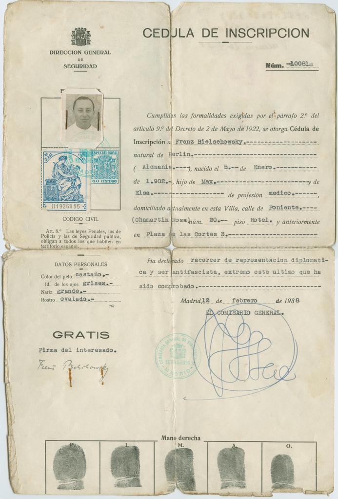 Identity document of Franz Bielschowsky