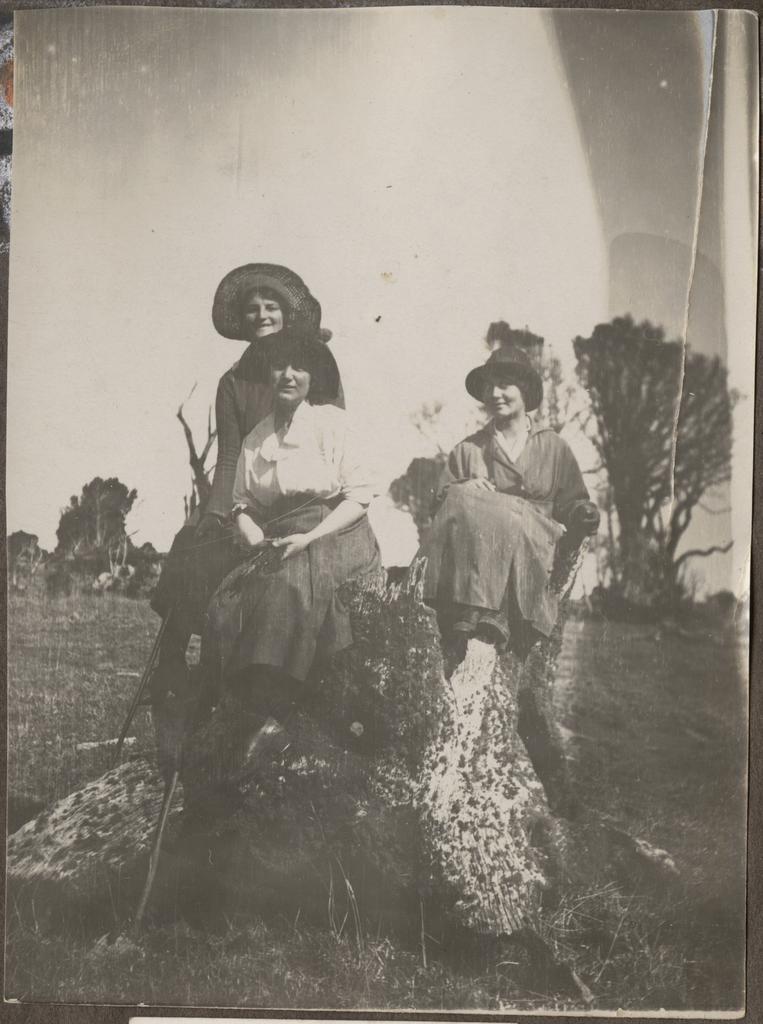 Three girls on tree stump