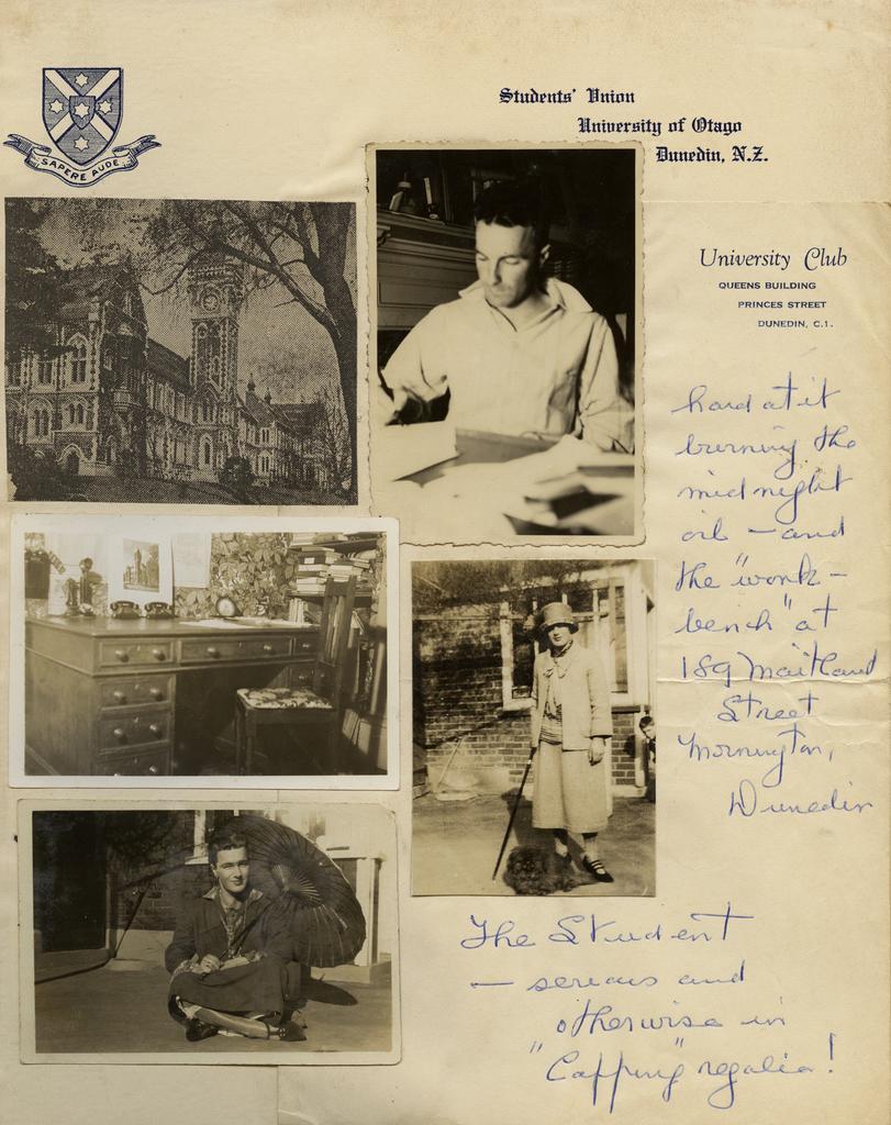 Scrapbook page with five photographs, two showing Ernie Webber cross-dressing