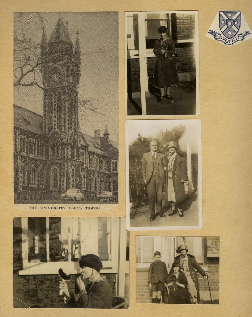 Scrapbook page with five photographs, some showing Ernie Webber cross-dressing