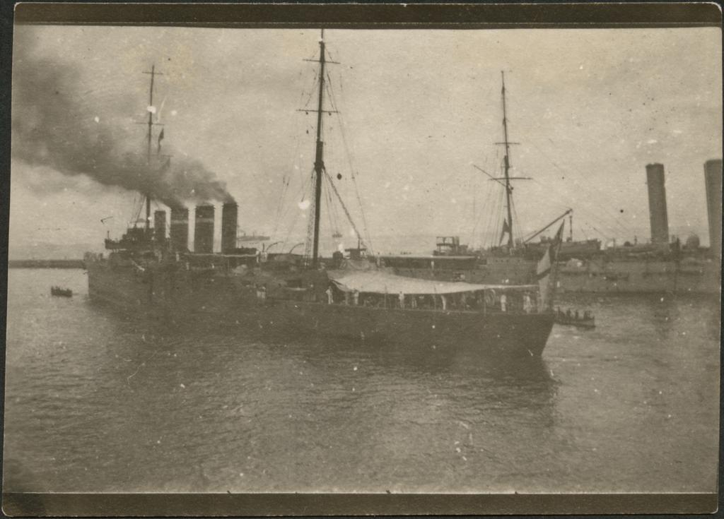 'H.M.A.S. "Sydney" at Colombo shortly after action with ("Emden"?), there were wounded lying under awning.'