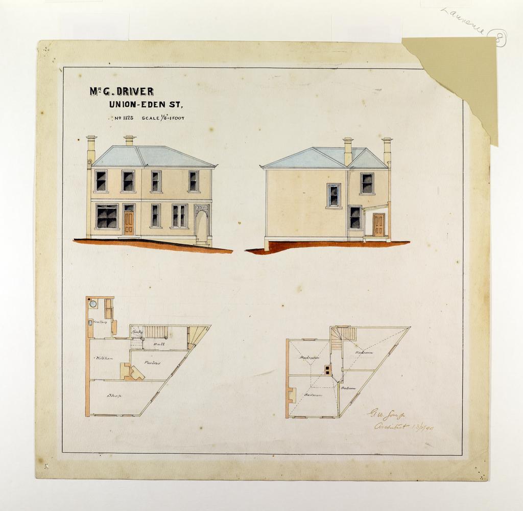 Plan for shop and dwelling for Mr G. Driver, Union-Eden Street, [Dunedin], no.1125, G.W. Gough architect