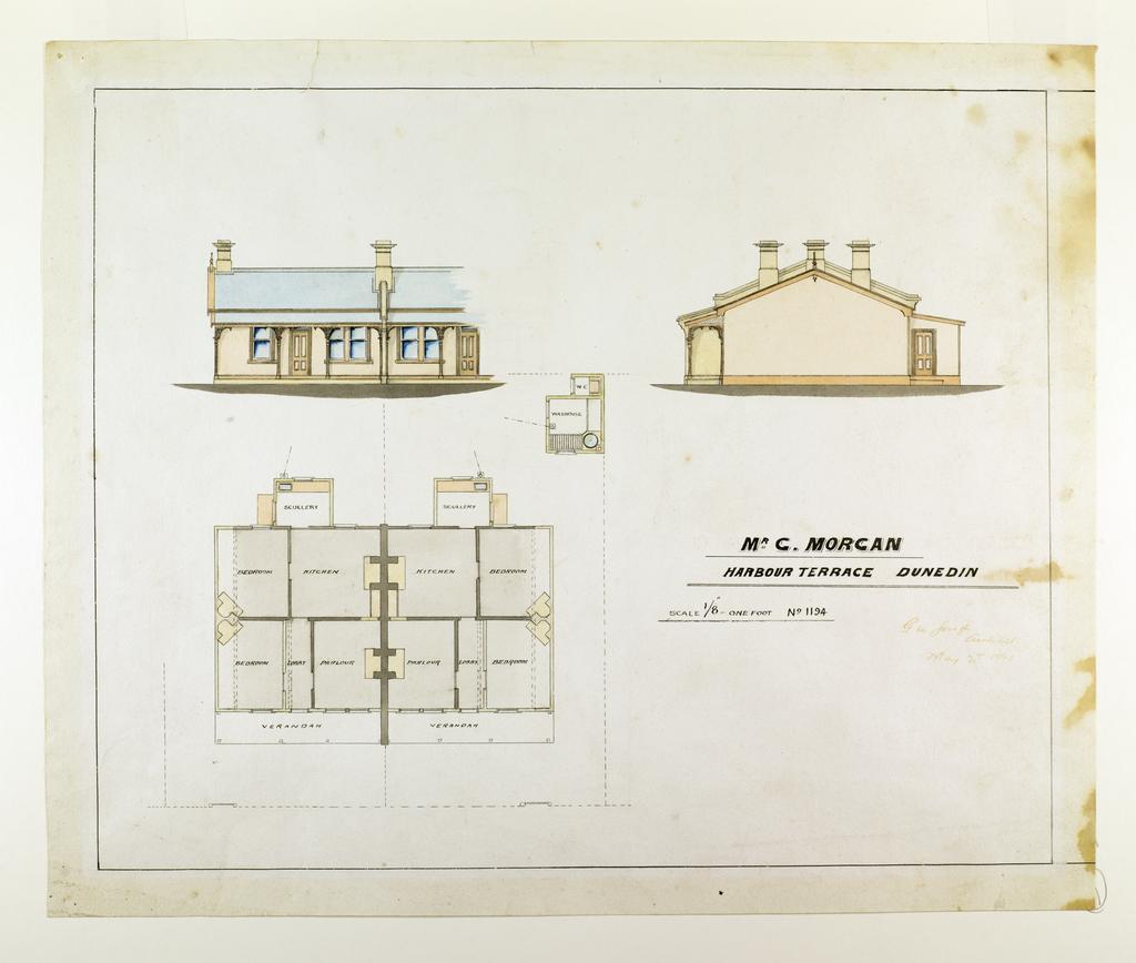Plan for semi-detached residences for Mr C. Morgan, Harbour Terrace, Dunedin, no.1194, G.W. Gough architect