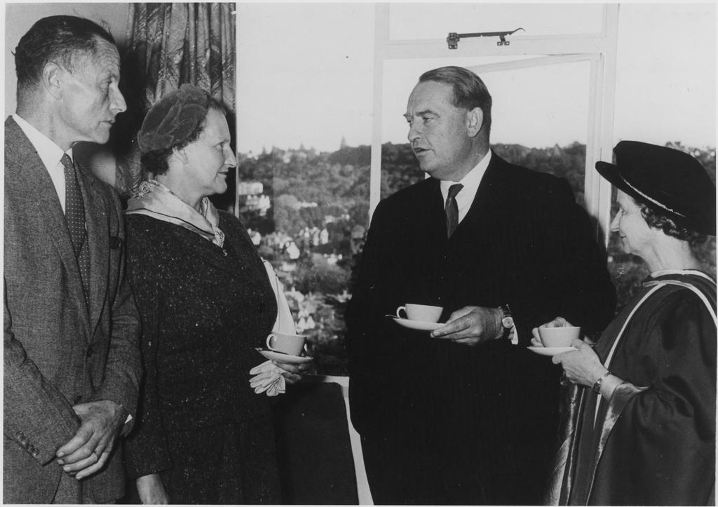 Official opening of Studholme Hall, showing Mr and Mrs Studholme, Viscount Cobham, and Professor Elizabeth Gregory