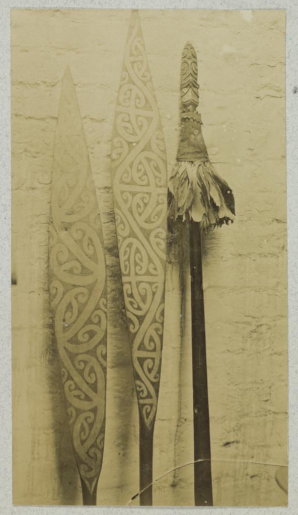 Two painted canoe paddles and a taiaha
