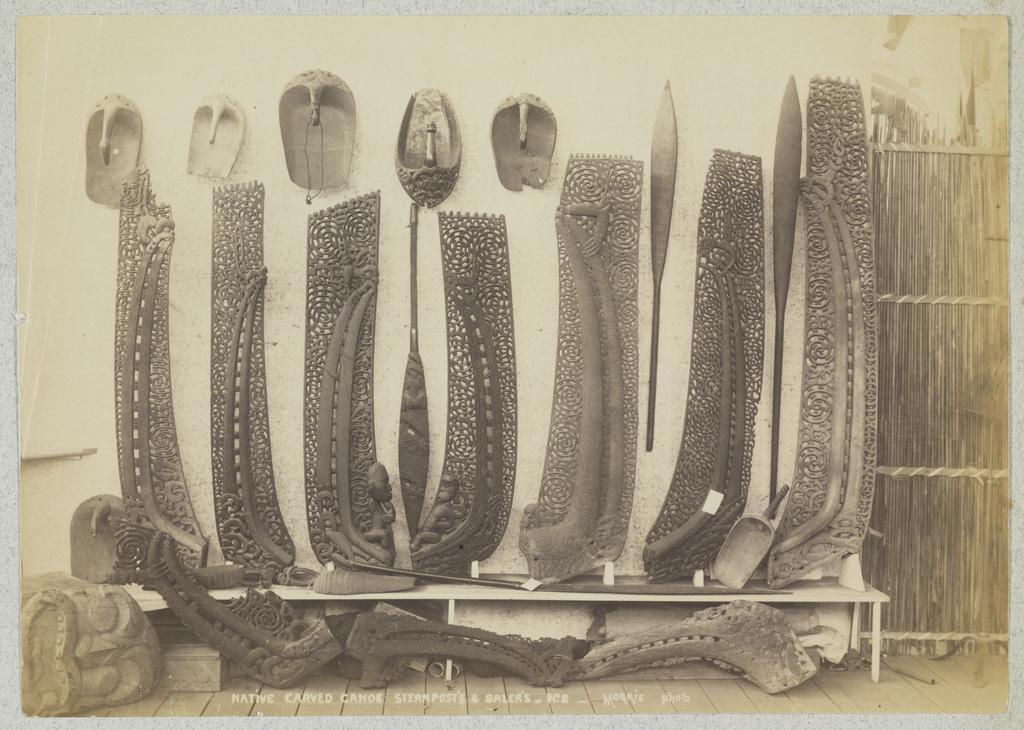 Native carved canoe sternposts &amp; balers