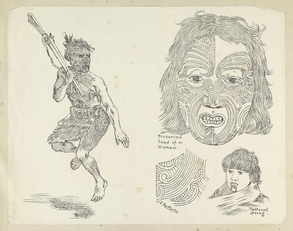 Printed sheet with drawings of Māori man, preserved head of a woman, a pattern and a tattooed young person