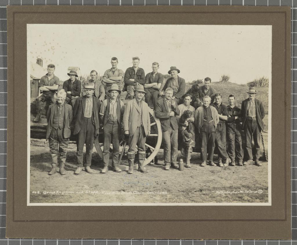 Group Engineers and Staff, Five Mile Beach Claim, Okarito, N.Z.