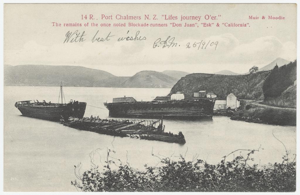 Port Chalmers. The remains of the 'Don Juan', 'Esk' and the 'California' at Deborah Bay