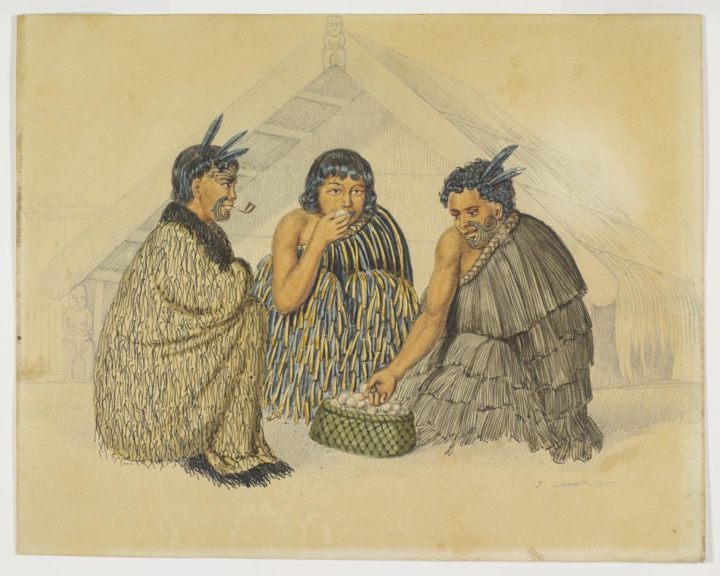 Three Maoris seated in front of a whare