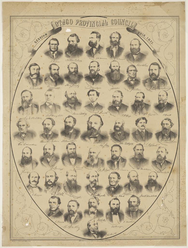 Otago Provincial Council, Session XXIX, 1871. Mills, Dick, Lister &amp; Co Lith &amp; on Stone by David Henderson. Mills, Dick, Lister &amp; Co Stafford Street Dunedin