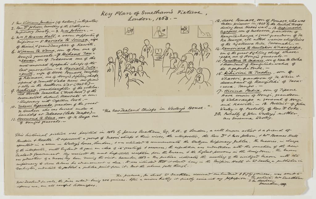 Key plan of Smetham&rsquo;s picture, London, 1863 - The New Zealand Chiefs in Wesley&rsquo;s house. [By E.M Hocken after James Smetham]