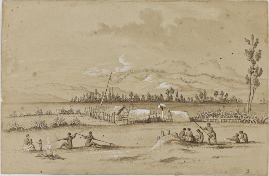 View from Orakau Maunga-Tautari, with natives in the foreground digging. Copied by Dr E. Shortland