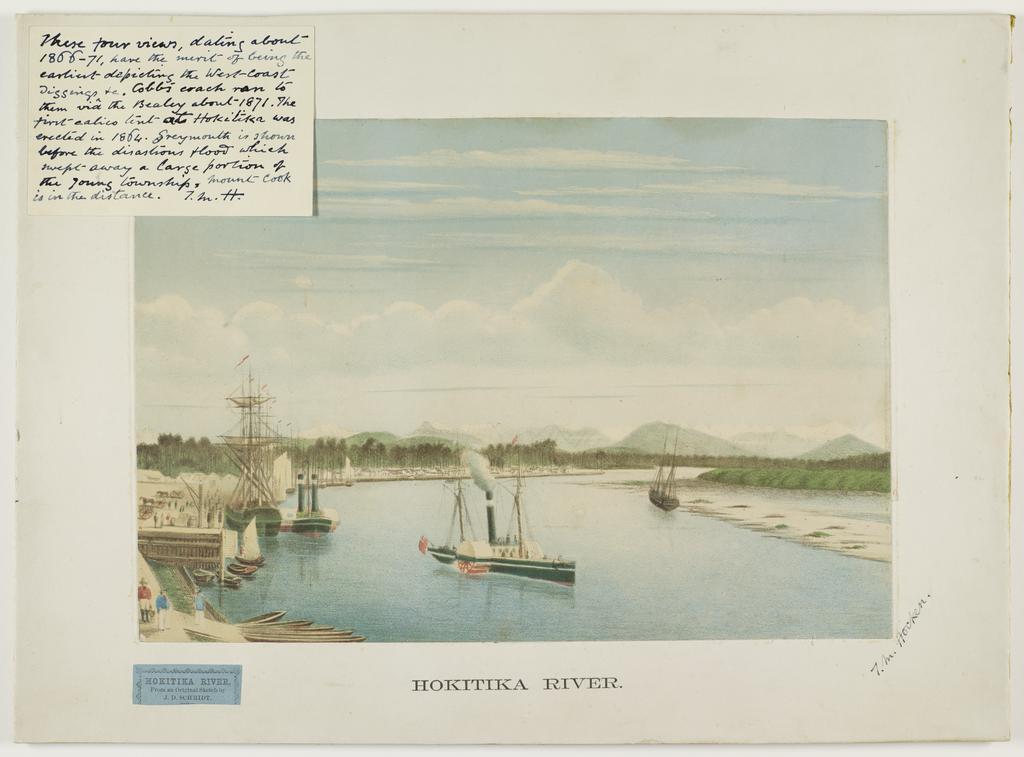 Hokitika River from an original sketch by J.D. Schmidt. Hokitika, Harnett &amp; Co. ca 1866-71