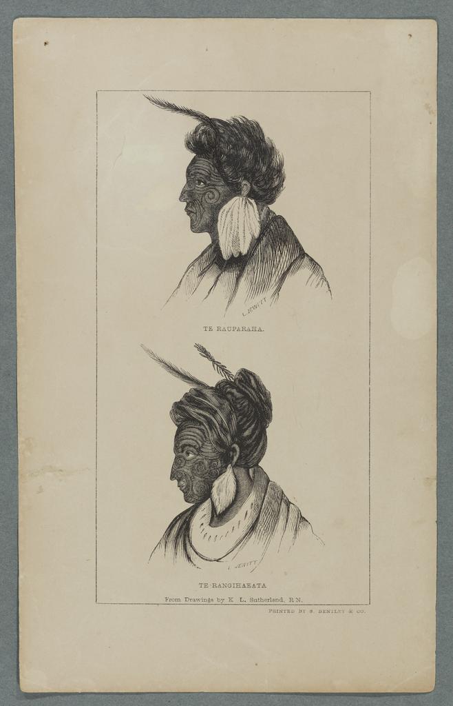 Te Rauparaha. L. Jewitt. Te Rangihaeata. L. Jewitt from drawings by K.L. Sutherland. R.N. Printed by S. Bentley &amp; Co