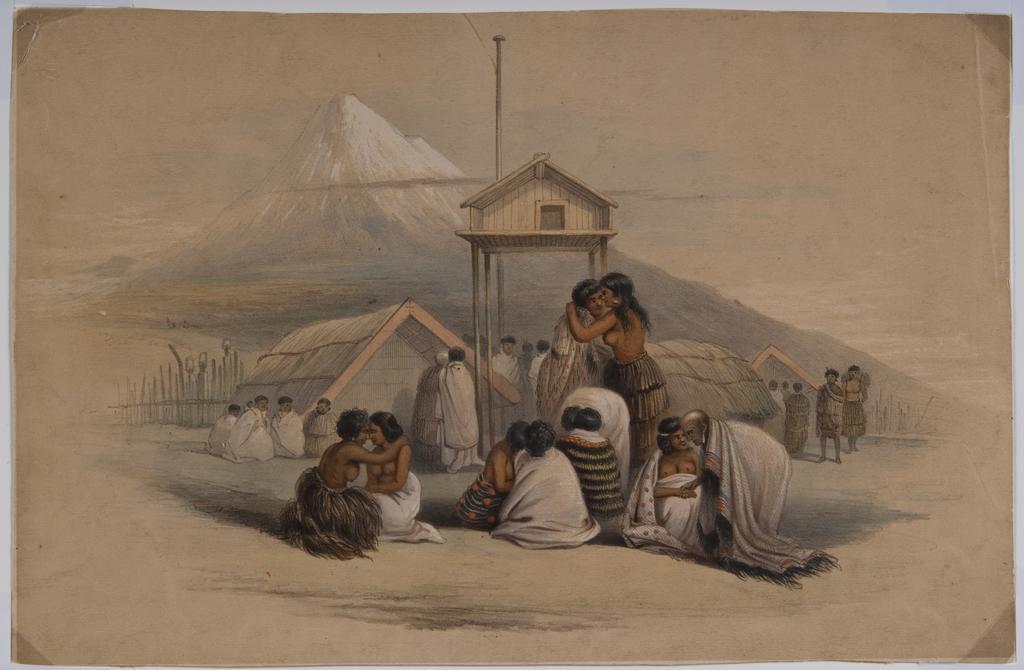 [A tangi, or meeting of friends. Mount Egmont in the distance. George French Angas del.t J.W. Giles. pl 52]