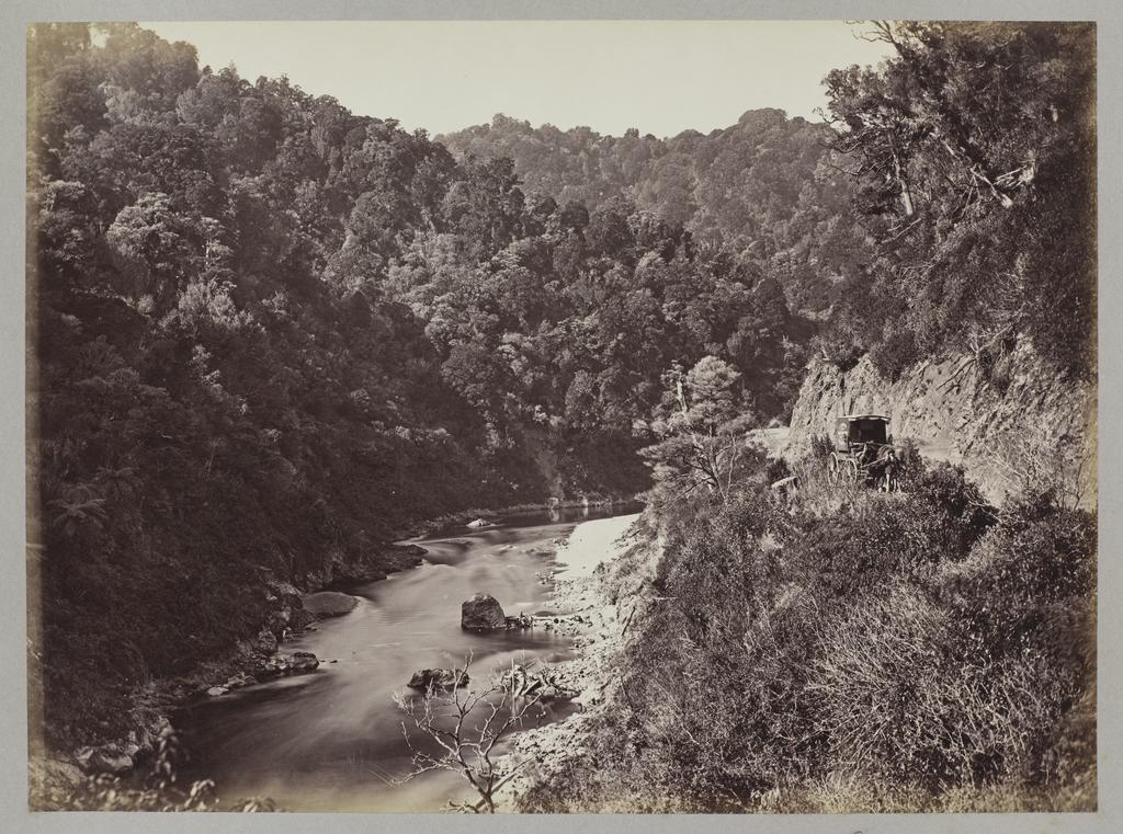 Manawatu Gorge, showing stone dividing Provinces of Wellington and Napier