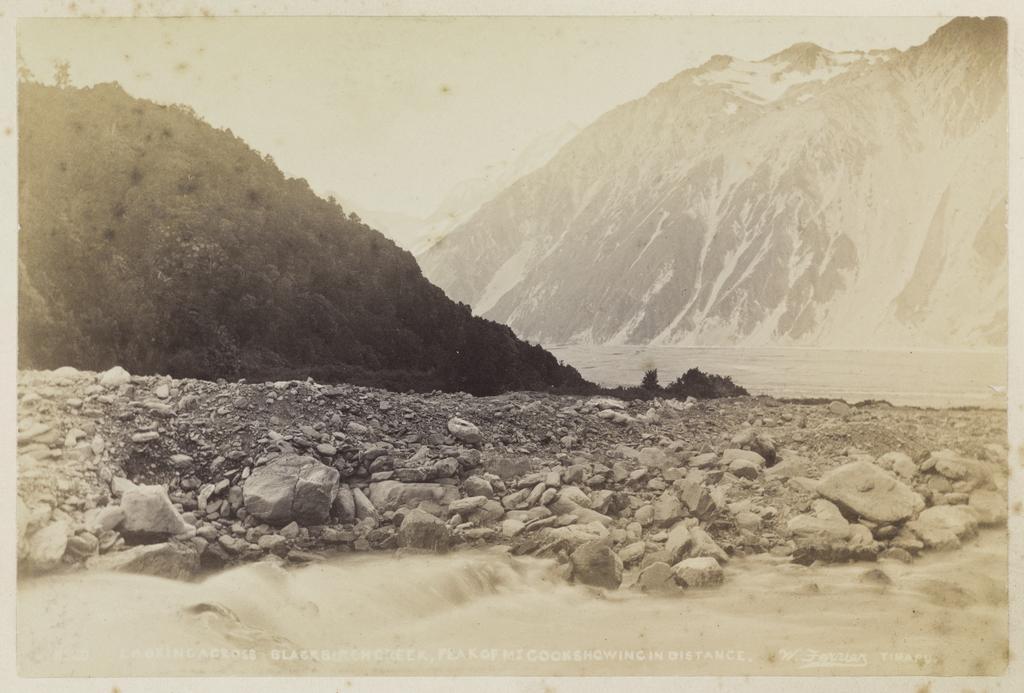 Looking across Black Birch Creek, peak of Mount Cook showing in the distance