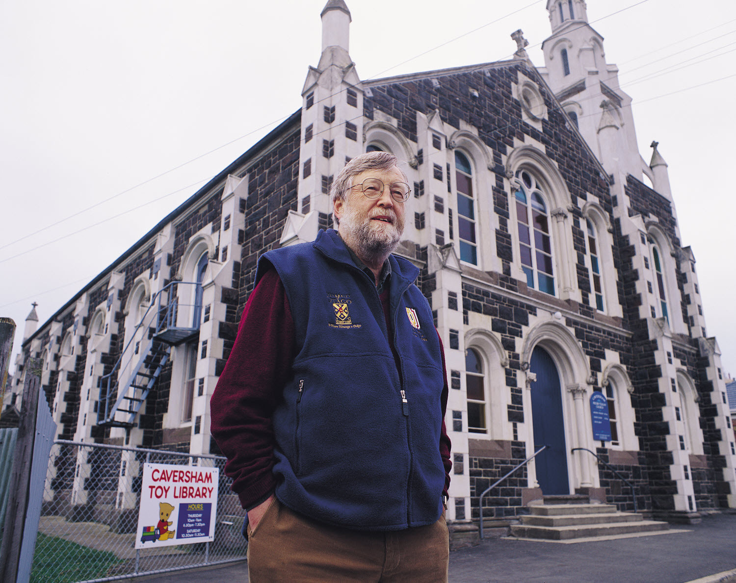 Professor Erik Olssen in front of Caversham Presbyterian Church