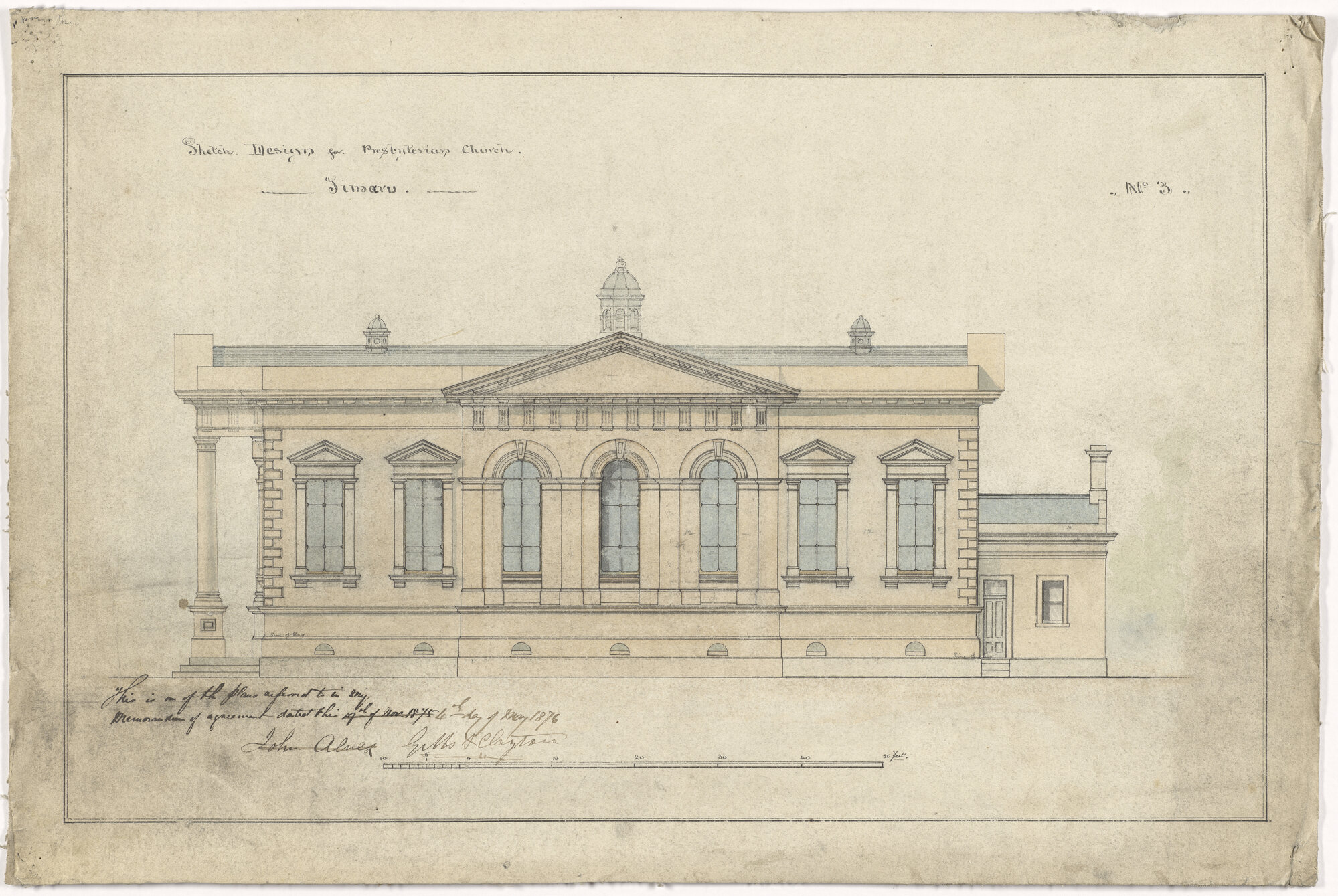 Trinity Presbyterian Church, Timaru, side elevation plan for church building