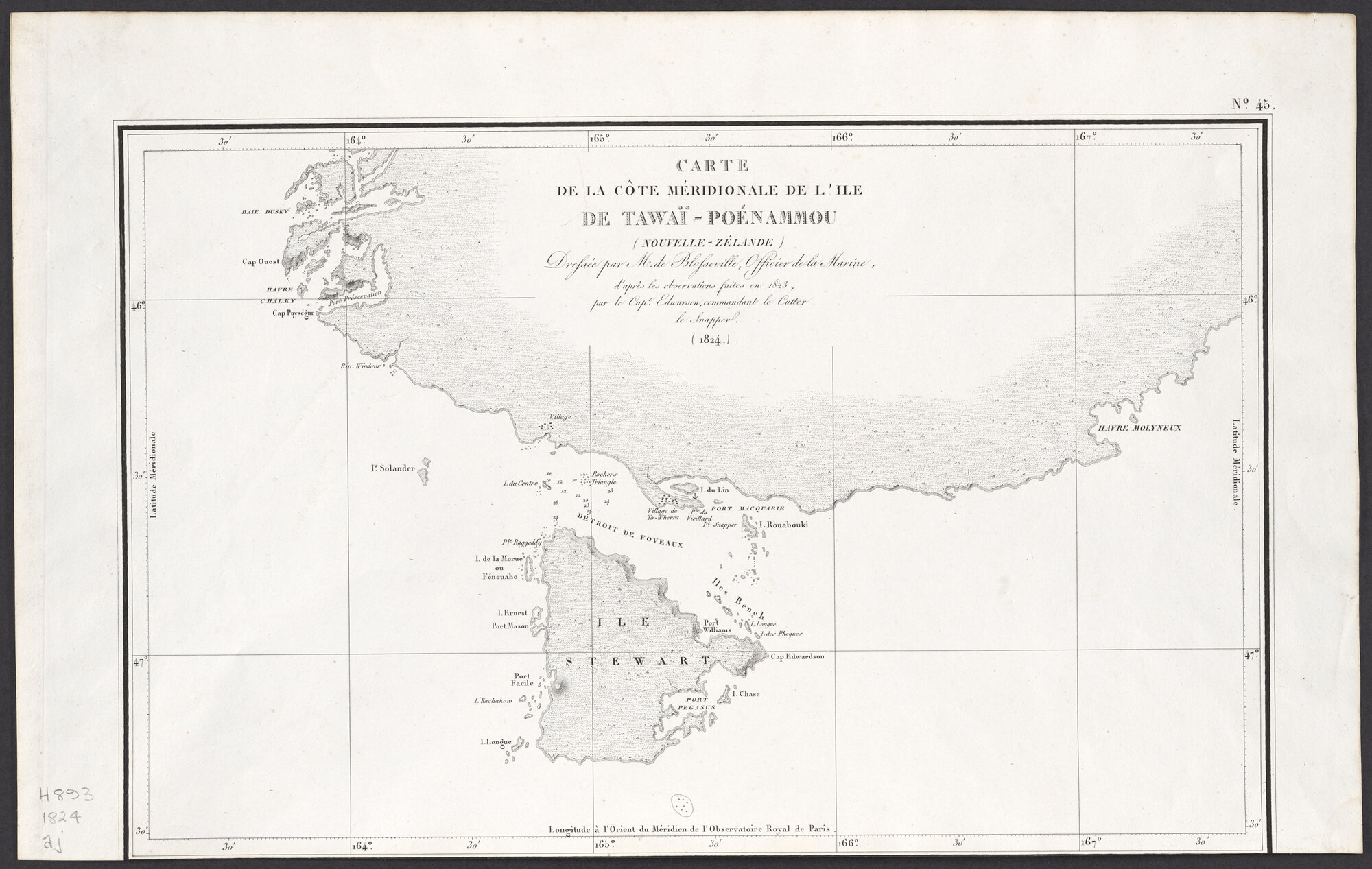 Carte de la Côte Méridionale de l'Ile de Tawa&iuml;-Poénammou (Nouvelle-Zélande)