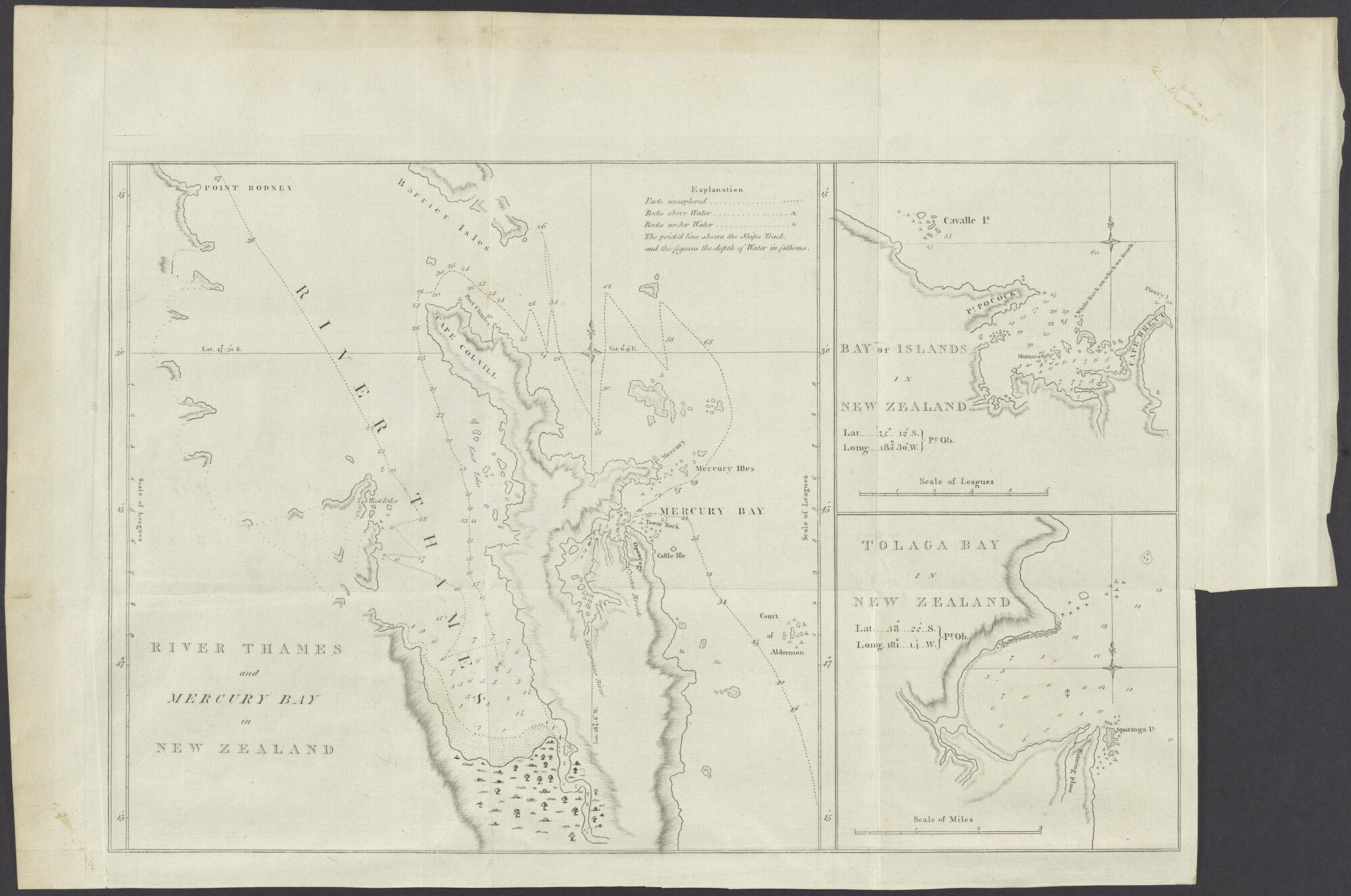 Three Maps: (1) River Thames and Mercury Bay in New Zealand; (2) Bay of Islands in New Zealand; (3) Tolaga Bay in New Zealand