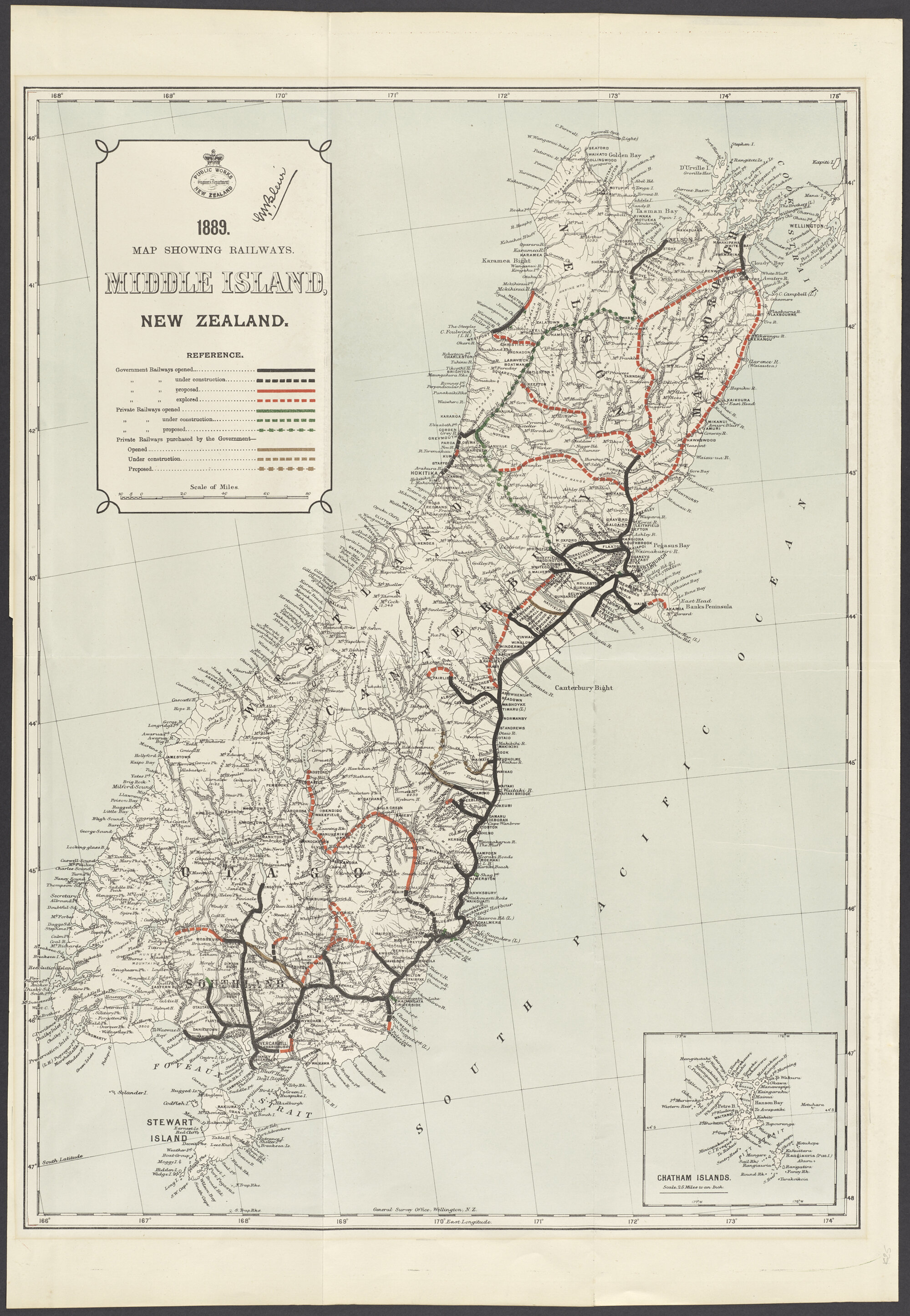 Map Showing Railways. Middle Island, New Zealand