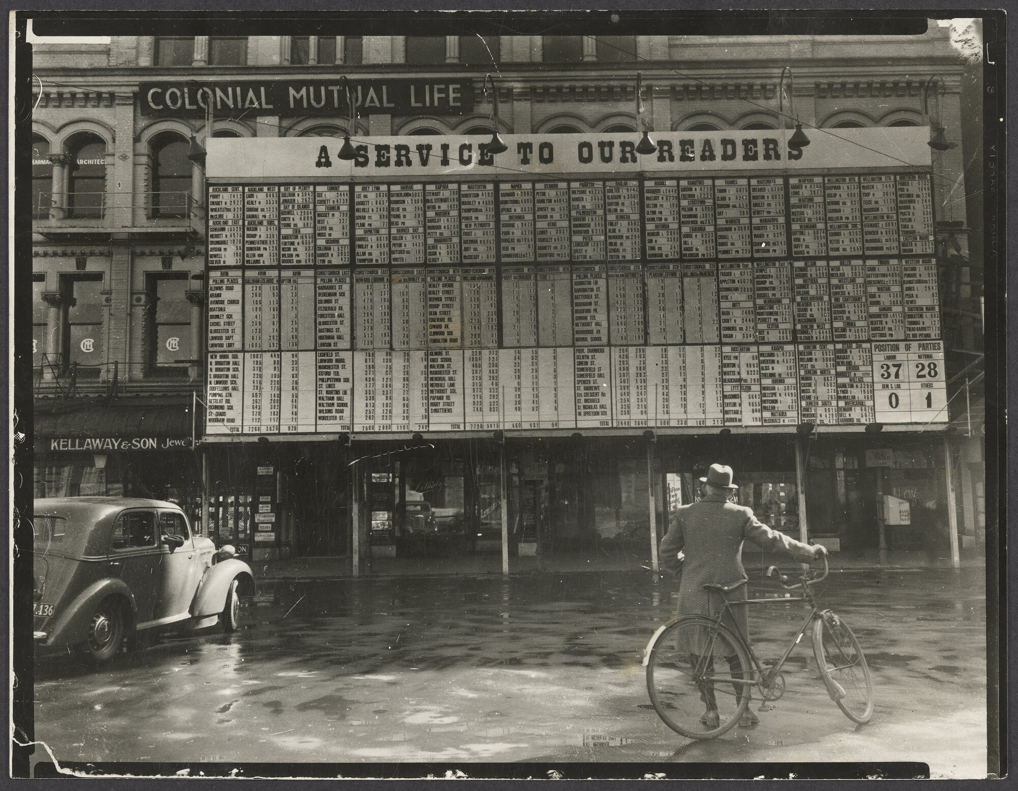 General election results board, Cathedral Square, Christchurch